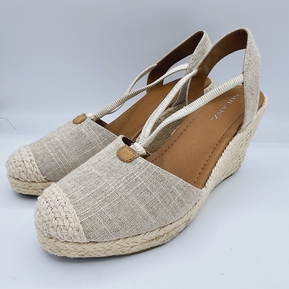 Solanz Rebekah Tan Canvas Wedge Sandals - Picture 1 of 10